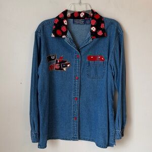 Willow Ridge Teacher Denim Shirt Size Large Themed Appliqué Apple Buttons school
